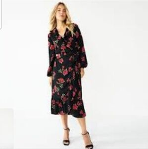 Draper James Rsvp Floral Black and Red Wrap Tie Women's Rayon Dress Size Large